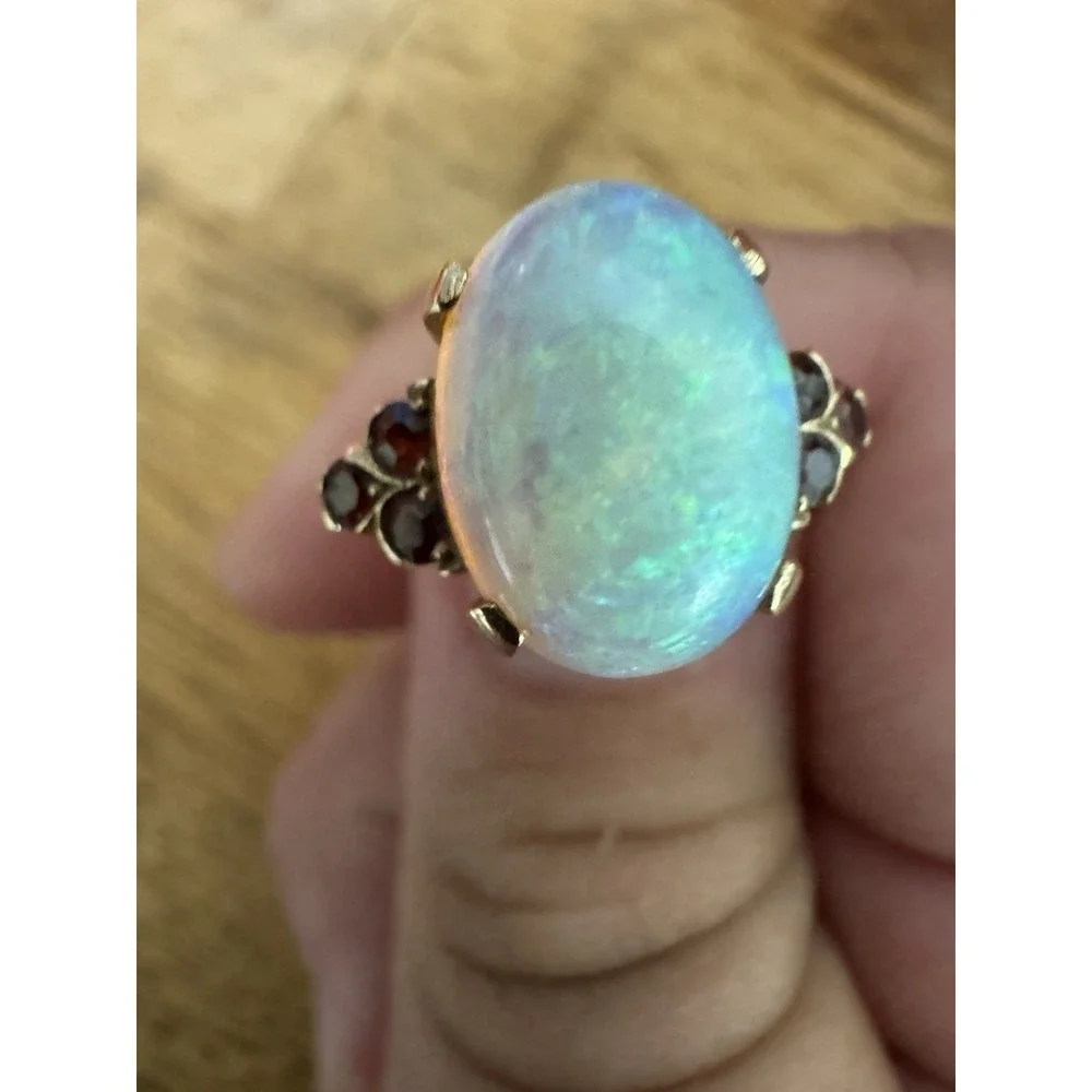 Vintage Large Natural Crystal Australian Opal & Ruby Ring 14K Size 8.75